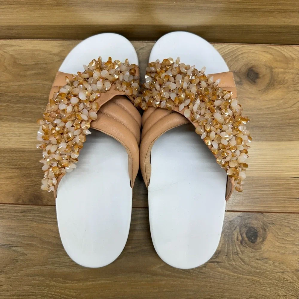 Tory Burch Logan Slide Sandals 9 M Tan Embellished Cross Strap Resort Vacation